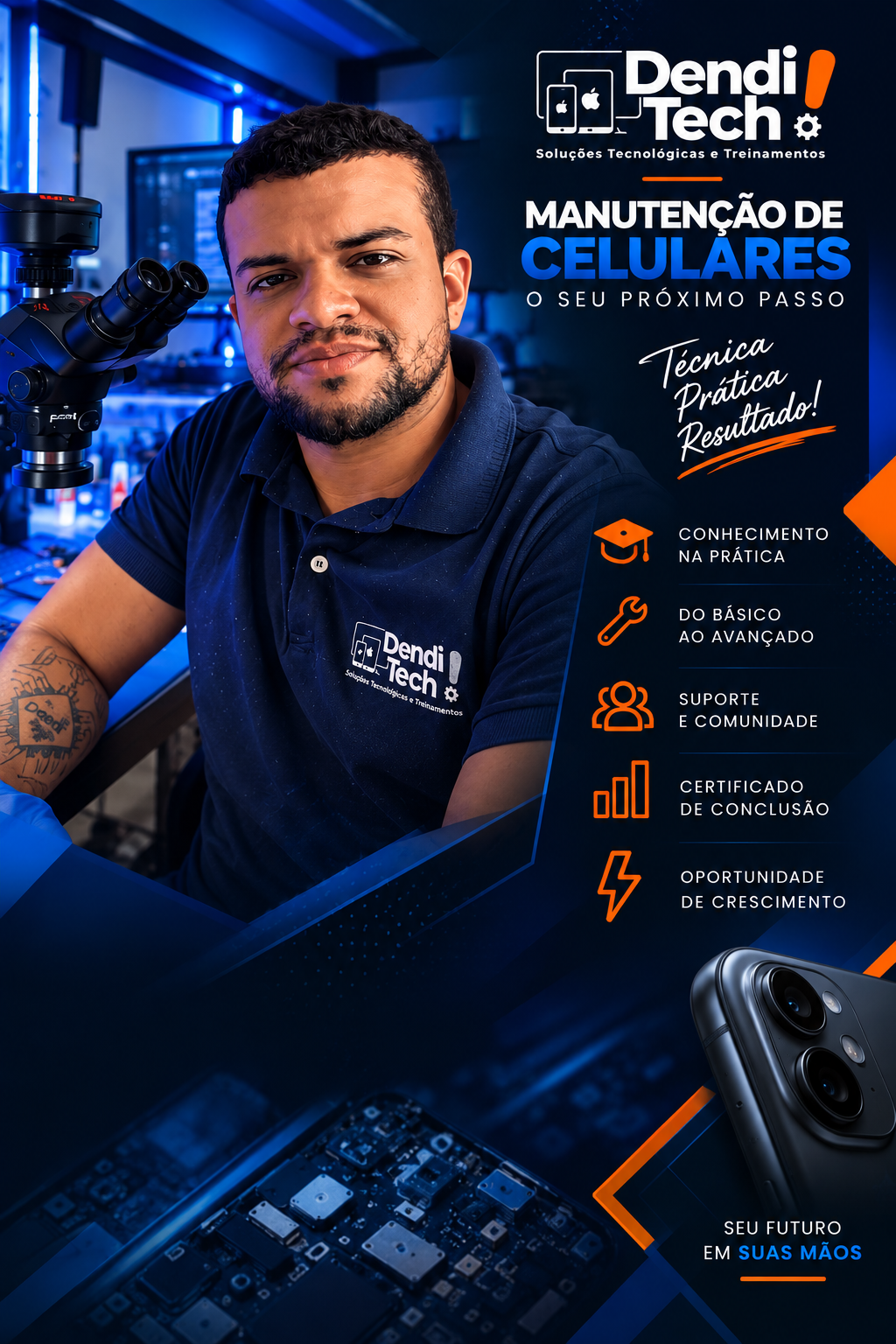Luiz Denditech trabalhando em uma bancada de manutenção de celulares